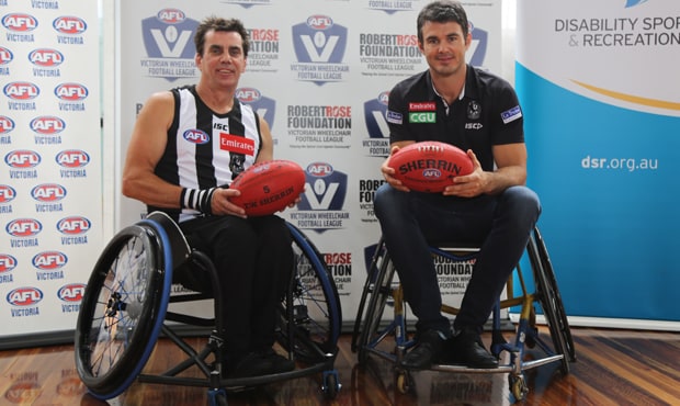 180316_vwfl620.jpg Collingwood's Victorian Wheelchair Football League captain-coach Brendan Stroud and club champion Chris Tarrant helped launch the new VWFL competition at the Holden Centre on Friday morning. Photo: Collingwood Media. - Collingwood,Collingwood Magpies
